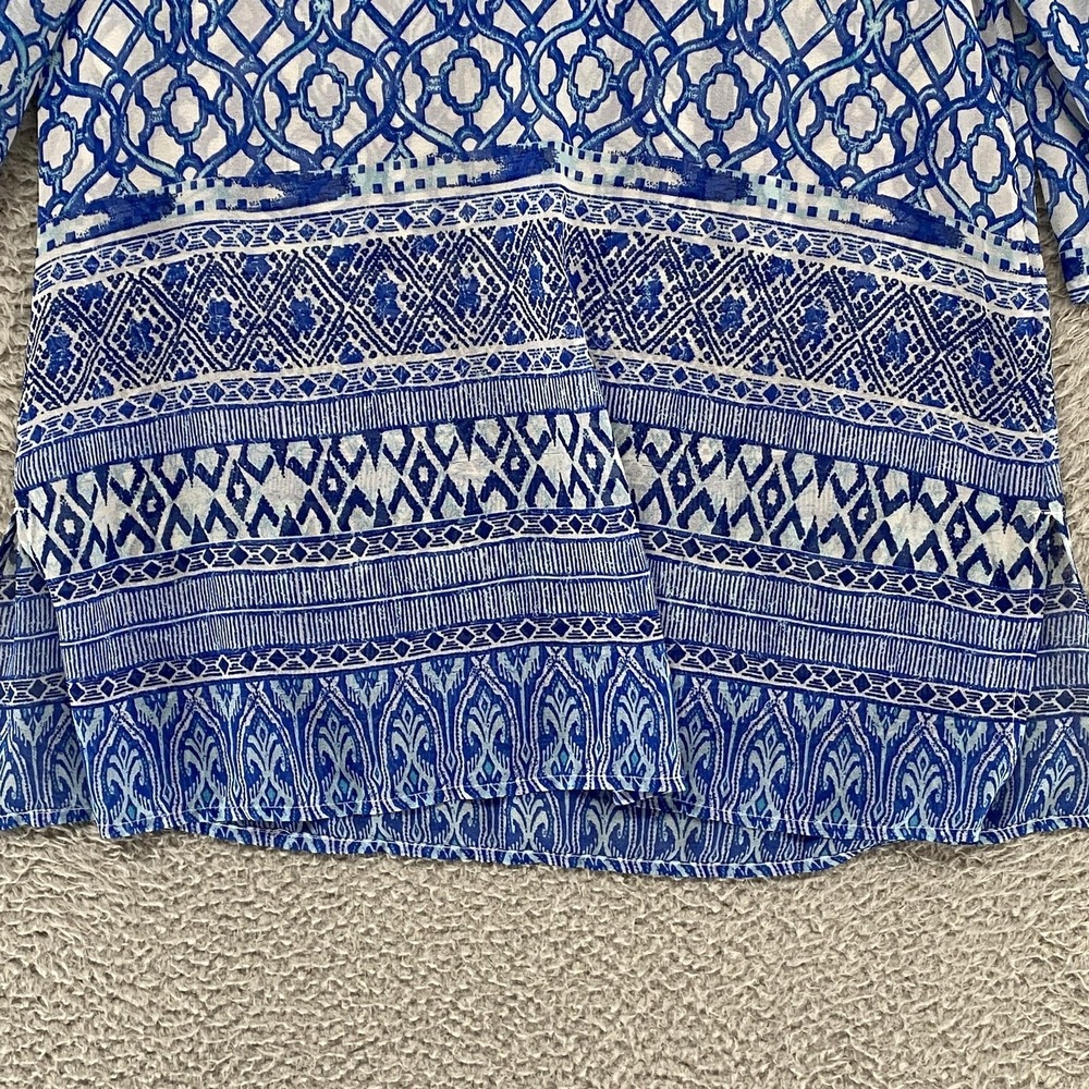 Chicos Beaded Tunic Top Womens 1/M Blue Geometric Sheer Embellished 3/4 Sleeve - Picture 12 of 16